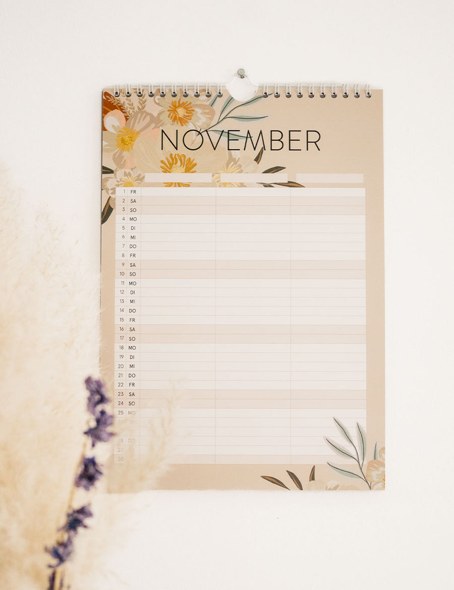 Wandkalender Flowers 2024 - Din A4 mit 3 Spalten