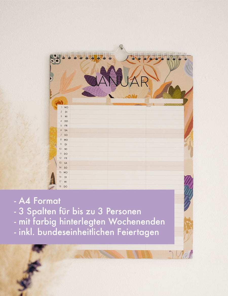 Wandkalender Flowers 2024 - Din A4 mit 3 Spalten