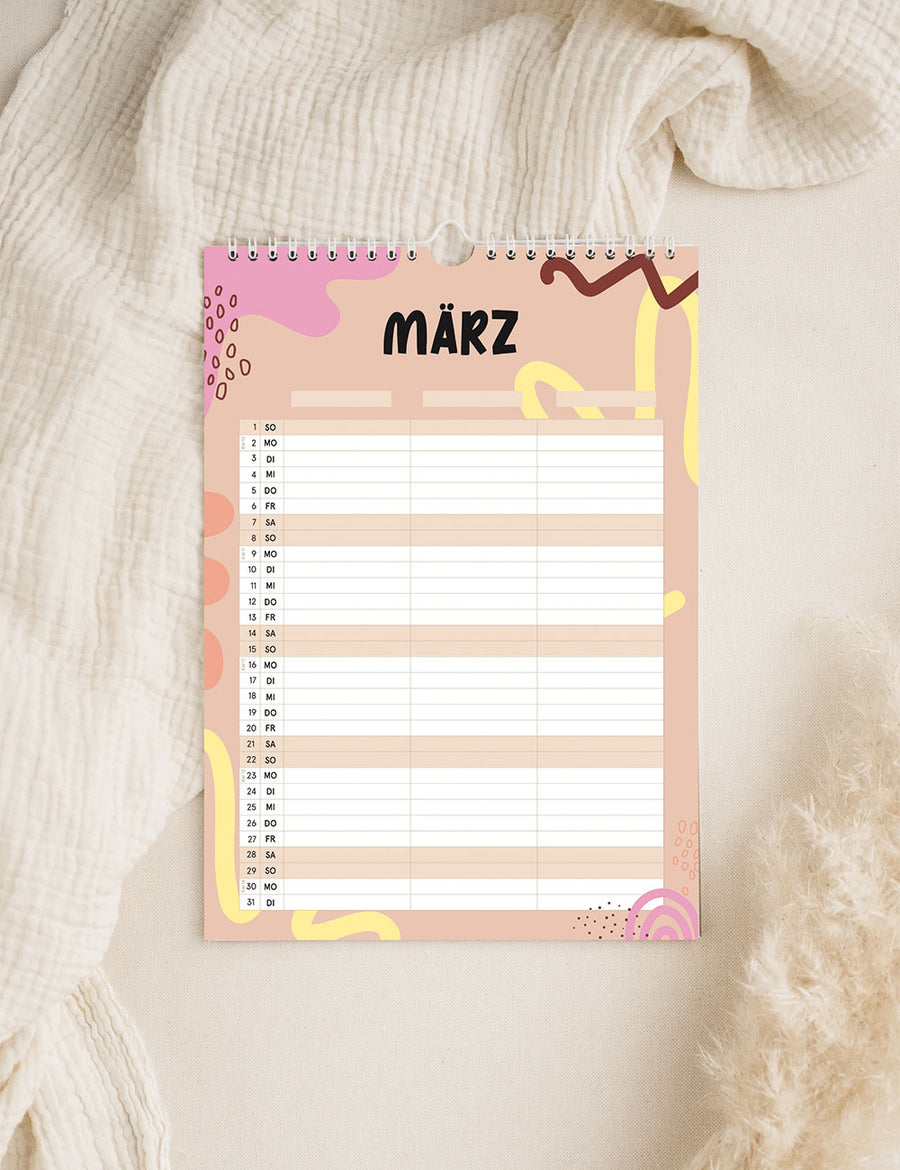 Wandkalender 2026 - Pastellbunt - Din A4 mit 3 Spalten