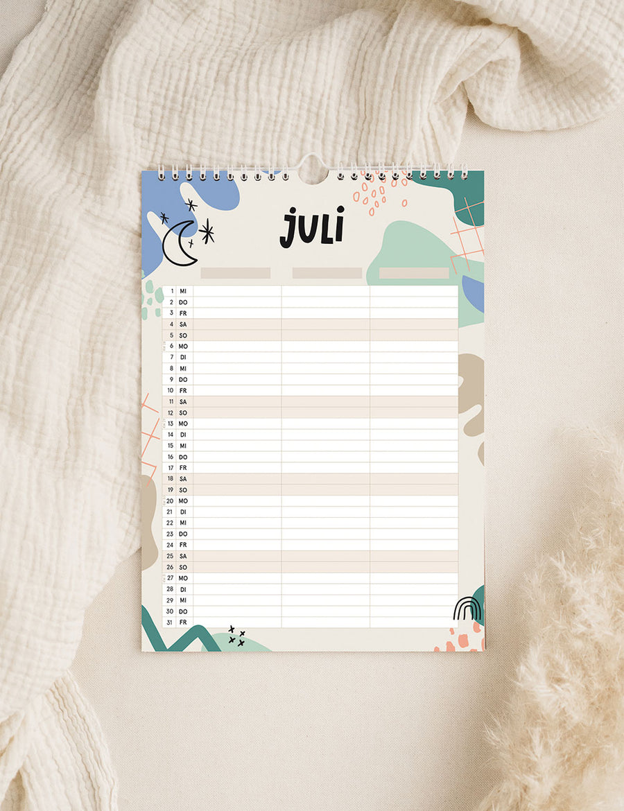 Wandkalender 2026 - Pastellbunt - Din A4 mit 3 Spalten
